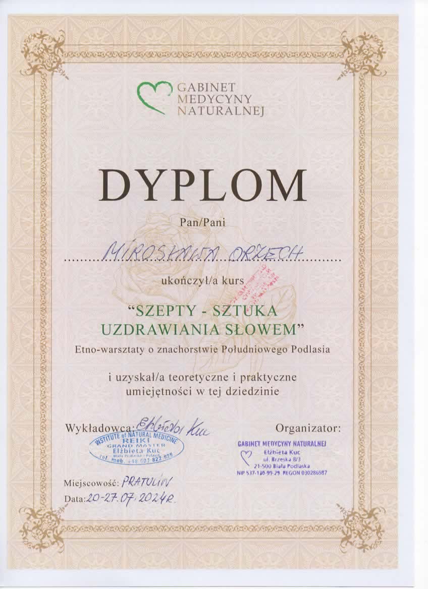 Dyplom „Szepty - Sztuka Uzdrawiania Słowem