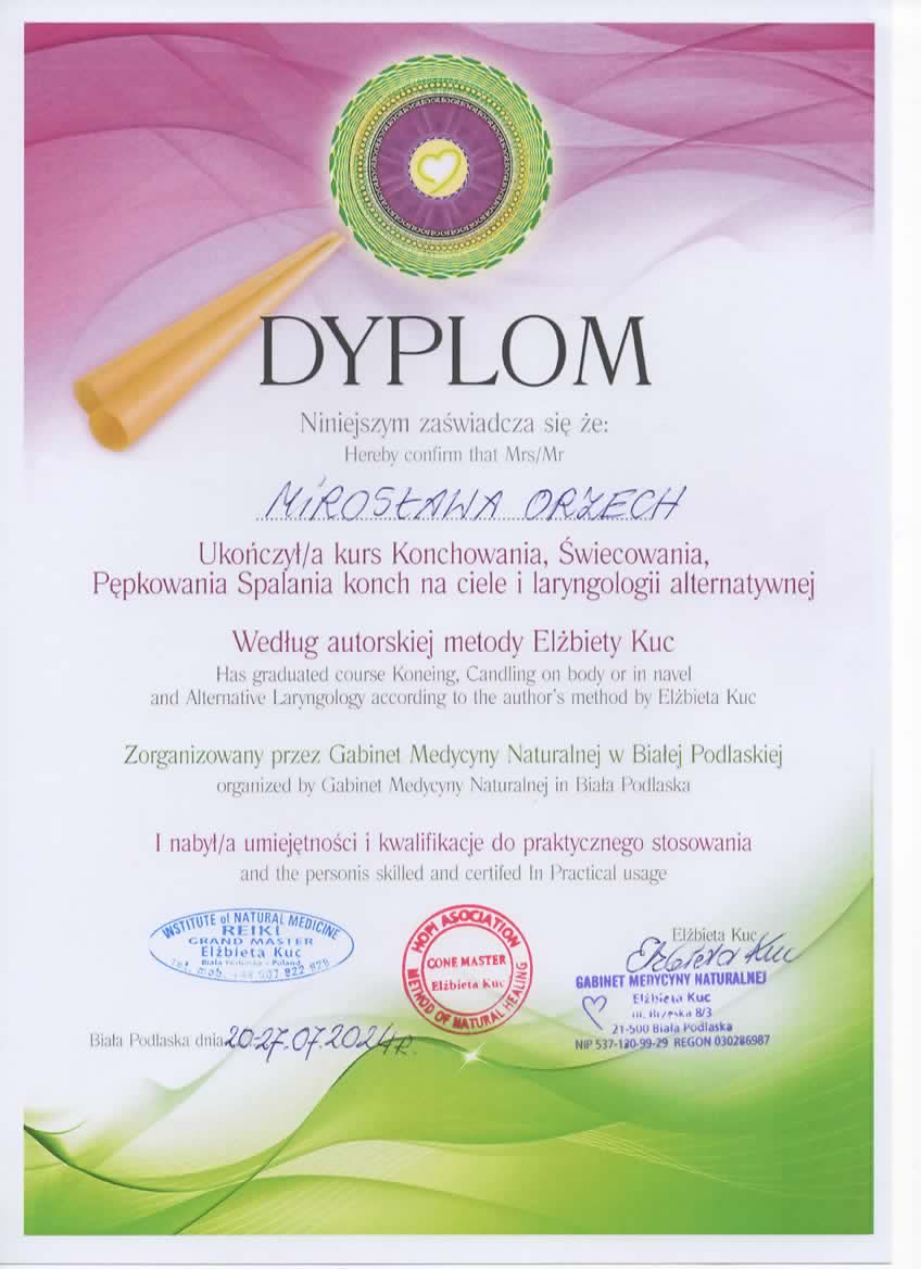 Dyplom ukończenia kursu konchowania, świecowania, pępkowania