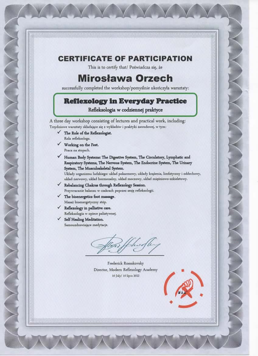 Certyfikat uczestnictwa - refleksologia w codziennej praktyce