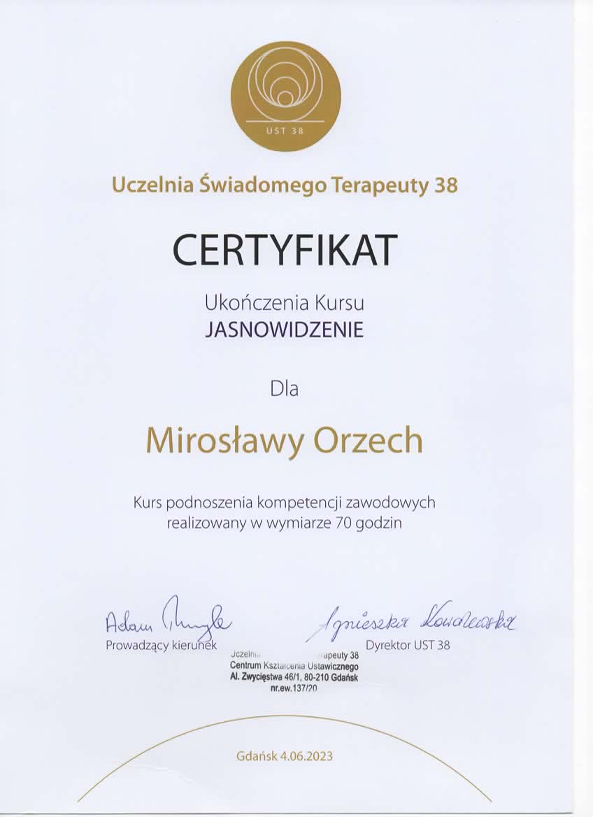 Certyfikat ukończenia kursu Jasnowidzenia