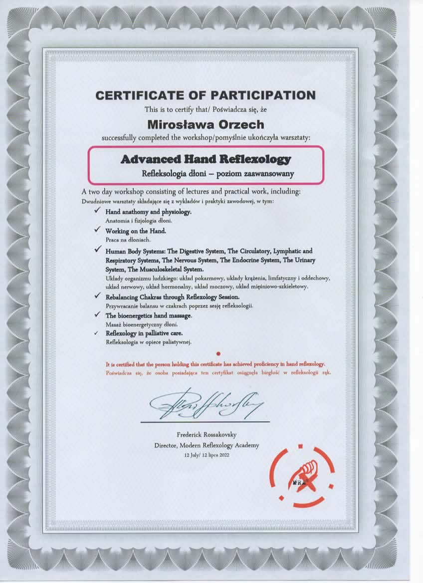 Certyfikat uczestnictwa - refleksologia dłoni - poziom zaawansowany