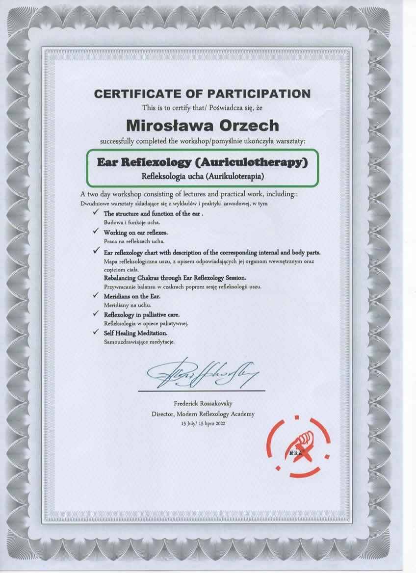 Certyfikat uczestnictwa - refleksologia ucha
