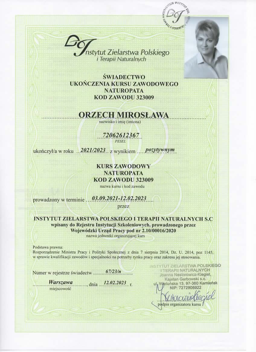 Zaświadczenie o ukończeniu kursu umiejętności zawodowych - Naturopata
