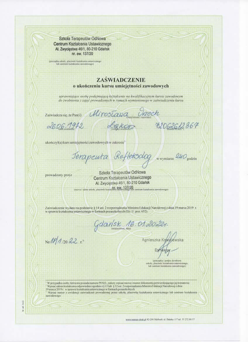 Świadectwo ukończenia kursu zawodowego Terapeuta refleksolog