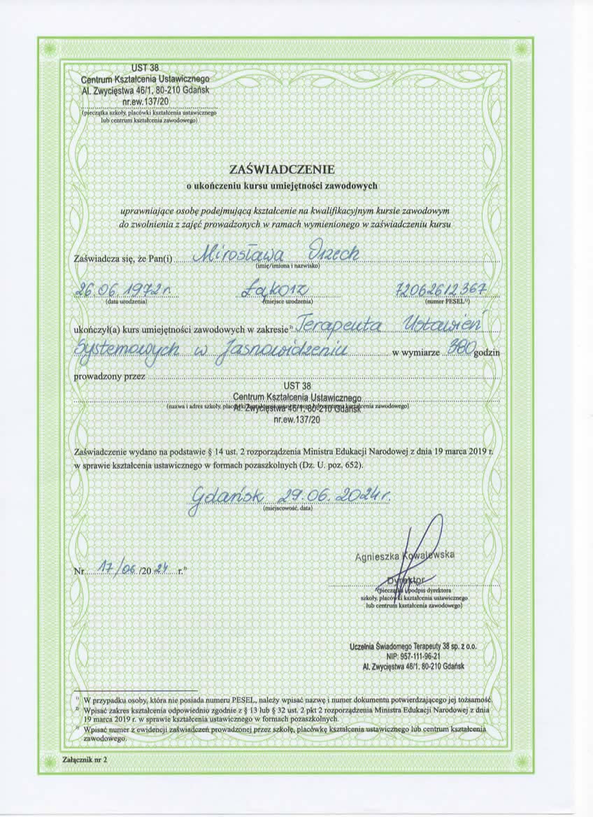 Zaświadczenie o ukończeniu kursu umiejętności zawodowych - Terapeuta Ustawień Systemowych w Jasnowidzeniu