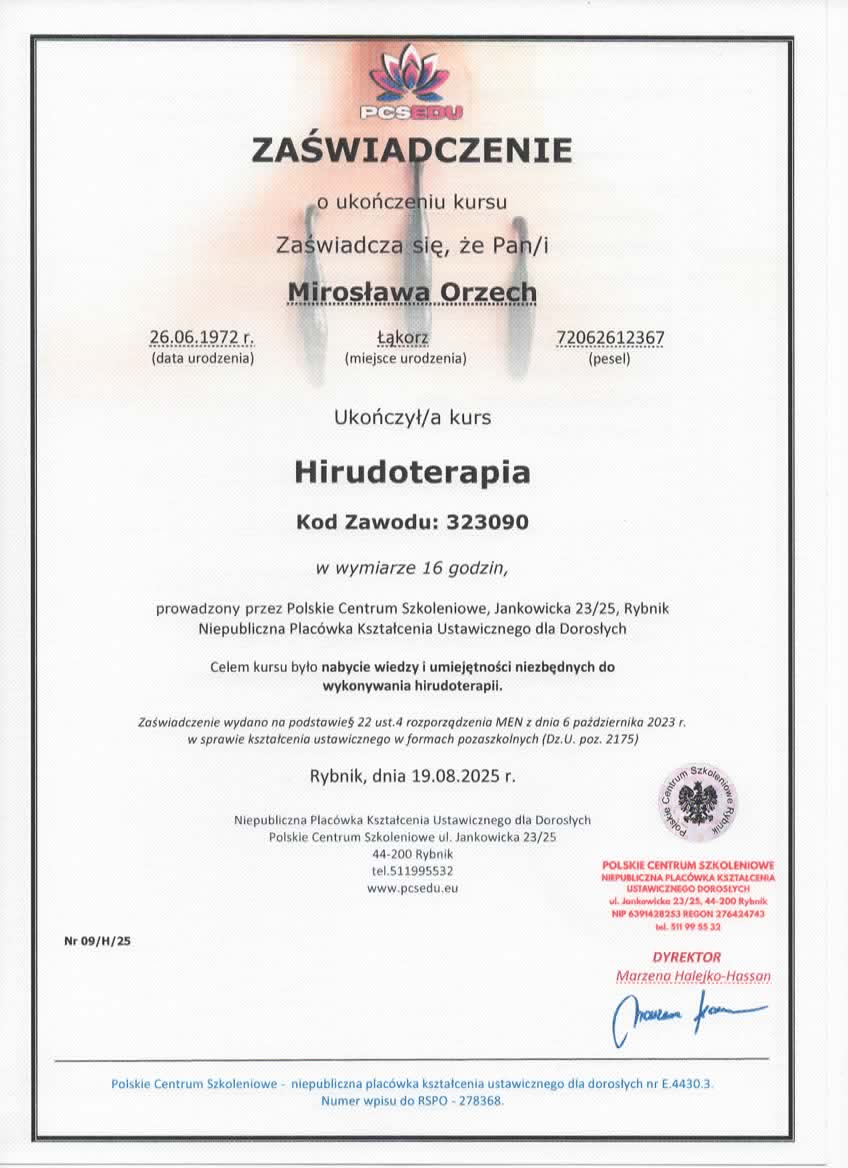Zaświadczenie hirudoterapia