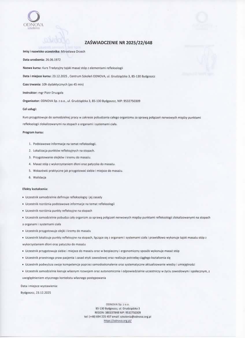 Zaświadczenie masaż tajski